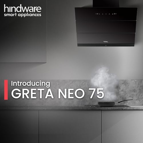 Image of Hindware Smart Appliances | Greta Neo 75 cm Chimney | 1350 CMH | Inclined Glass | Thermal Auto Clean | Filterless | Touch control, Motion sensor | 10 Yrs Warranty on Motor & 2 Yrs on Product (Black)