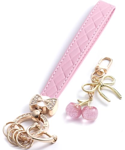 HONYJOOM Pink keychains, Bling Bow Keychain Wristlet with Cute Cherry Bag Charms Accessories, Pink Key chain 2pc for Women Girls