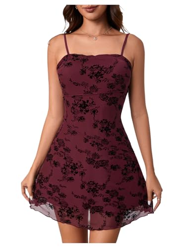 Image of Verdusa Women's Mini Dress Floral Spaghetti Strap Mesh Short Dresses Going Out Sundress Y2k Gothic Clothes