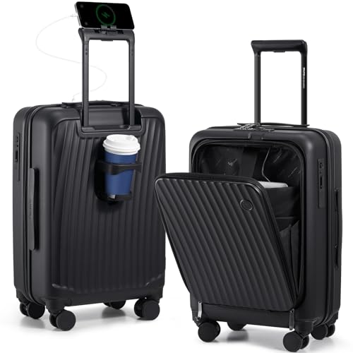 OIWAS 20 Inch Carry On Luggage, Front Pocket Carryon Suitcase with Phone Holder & Cup Holder, Airline Approved Hardshell Luggage with Double TSA Lock, USB Port, One-Click Brake, Black