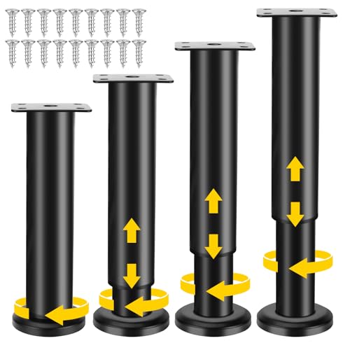 4 Piezas Patas para Muebles, 18-30CM Patas Regulables con 18pc Tornillos, Patas Negras Altura Ajustable para Sofas Armarios Cama Cocina