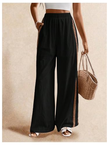 SOLY HUX Women's Wide Leg Pants Elastic High Waisted Embroidery Casual Long Trousers with Pockets2