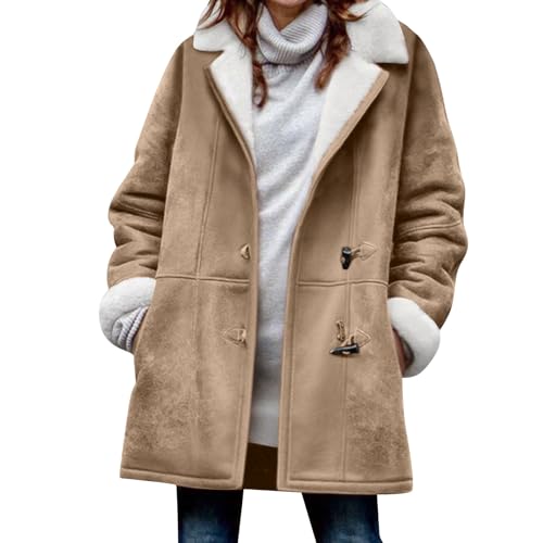 Image of Womens Plus Size Winter Coats Warm Sherpa Fleece Lined Jackets Hooded Parka Faux Suede Pea Coat Outerwear Khaki 5XL