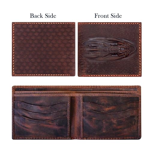 Vintage Leather Wallet For Men- 3D Embossed Dragon Pattern Design Bifold Distressed Leather Wallet With Two Cash Pockets And Six Card Slots (Brown)3