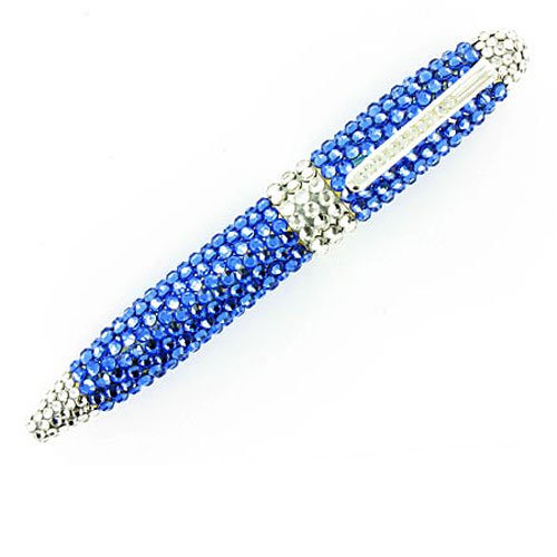 Stylo en strass bleu et clair cristal sur plaqué argent