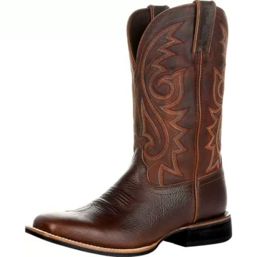 Men’s Western Cowboy Boots Chunky Sole Embroidered Vintage Square Toe Pull-On Cowboy Boot