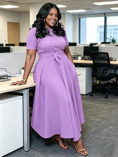 Image of Hostoyo Women Plus Size Formal A Line Maxi Dress Self Tie Waist with Pockets Elegant Round Neck Swing Long Dresses