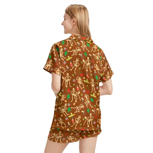 Image of Funny Pajamas for Women Set Print Satin Loungewear Pjs Short Sleeve Button Down Top and Shorts Sets Sleepwear XS-3XL
