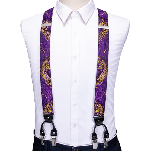 Image of Barry.Wang Men Suspender Set with Necktie Elastic Y Type Heavy Duty 6 Clips Braces Tie Handkerchief Cufflink Pin 6PCS