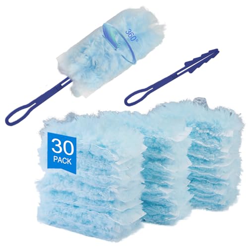 LAKIDOGS Recambios de plumero compatibles con Swiffer, 30 unidades 360 plumeros multisuperficie con 1 mango, recambios de plumero resistentes de repuesto para limpieza