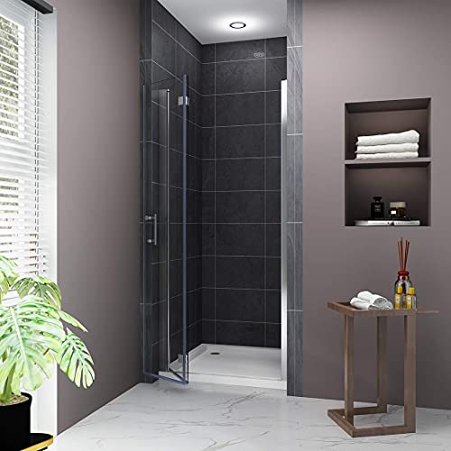 Elegant 34 In. W X 72 In. H Frameless Glass Shower Doors, Bi-Fold Pivot Swing Shower Door, 1/4 In. Fold Clear Glass Panel, Chrome Finish #TOP1