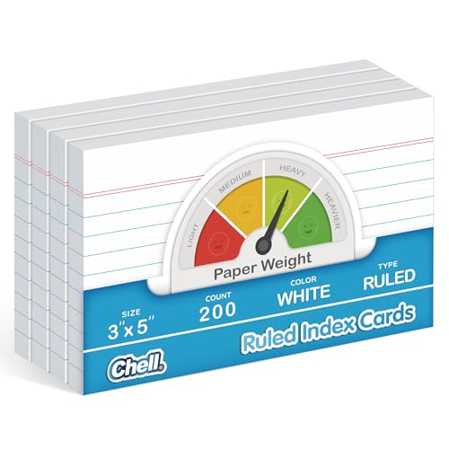 Chell 200 Count Index Cards 3x5 Inch Heavyweight, Ruled Front