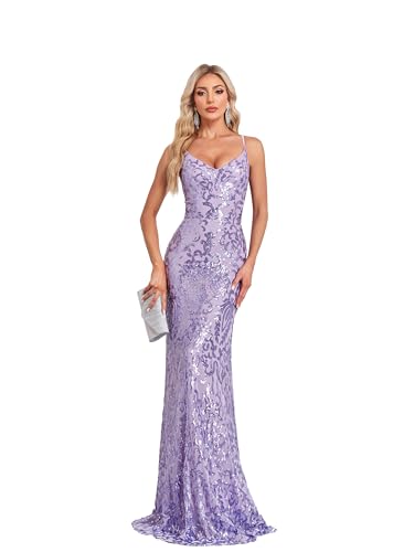 YMSHA Sequin Spaghetti Strap Prom Dress - V Neck, High Slit Long Evening Gown (A-Lilac) - View #2