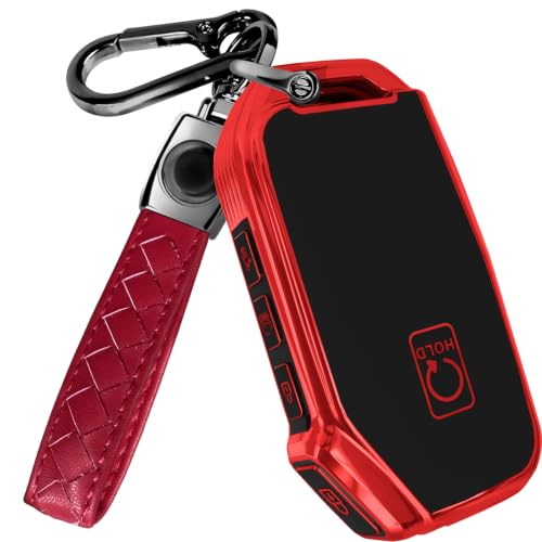 Image of Lucrum Key Fob Cover for Kia, TPU KeyFob Case & Leather Keychain | Fits NOT FLIP Sportage Soul Forte Telluride EV6 Niro K5 Stinger, 5 Buttons (2018-2025) - Red and Black