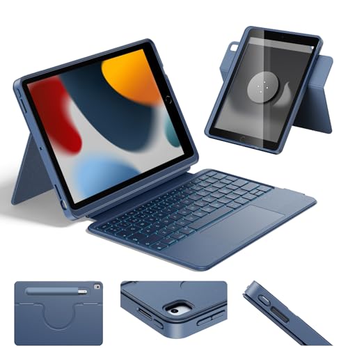 Ya en manzanajugosa.com: HOU Combo Teclado iPad 9.ª generación(10,2",2021),8.ª 2020/7.ª generación 2019.Trackpad multitáctil,retroiluminación de 7 Colores,giratoria y Desmontable,Modo Vertical/Horizontal,Ñ,Azul Marino