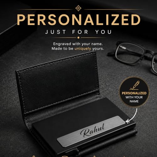Image of Slim Leather Card Holder Wallet, Black, RFID Blocking, Zipper Pocket, Pop-Up Card Ejector