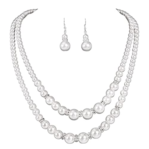 Unicra 1920s Gatsby Pearl Jewelry Set Vintage Crystal Bride Necklace Earrings Set Silver Pearl Multilayer Bridal Necklace Jewelry Accessories for Women and Brides