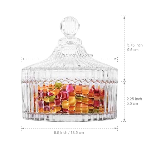 ComSaf Glass Candy Sweet Jar with Lid, Crystal Bon Bon Jar Covered Sugar Bowl Small Decorative Cookie Dish Buffet Storage Container Clear for Party Wedding Birthday Gift (Diameter: 13.5CM)