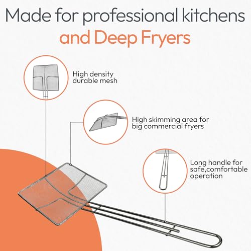 Cuisine Ready Wire Mesh Strainer with Long Handle |2 Pack| 6.5\" Square Frying Spoon | Stainless Steel | Cooking Oil Strainer for Deep Fryer & Professional Restaurant Use | Commercial Grease Skimmer
