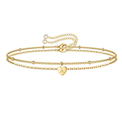 Turandoss Heart Initial Bracelets for Girls Gifts, 14K Gold Filled Layered Minimalist Bracelet Bracelets for Teen Girl Bracelet With Initials A
