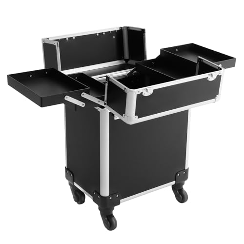 Maletín profesional con ruedas, color negro, con 4 ruedas extraíbles y esquinas protectoras, 34 x 24 x 47 cm, maletín de maquillaje con cerradura para maquilladores, diseño de uñas y viajes, Negro