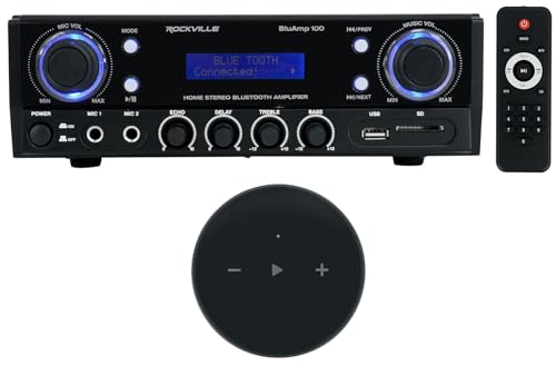 (1) Rockville BLUAMP 100 Home Stereo Bluetooth Amplifier with USB/Mic Input+RCA Out Bundle with (1) Rockville Mini WiFi Music Player Wireless Audio Streaming Multiroom Stereo Receiver (2 Items)