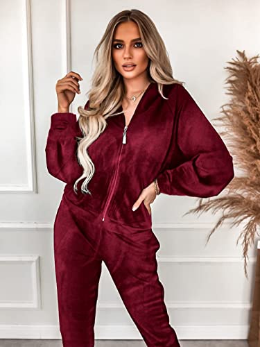 Ekouaer Ladies Velvet Full Zip Sweatshirt Fleece Athletic Pocket 2 Pc Tracksuit Set Wine Red L #TOP1