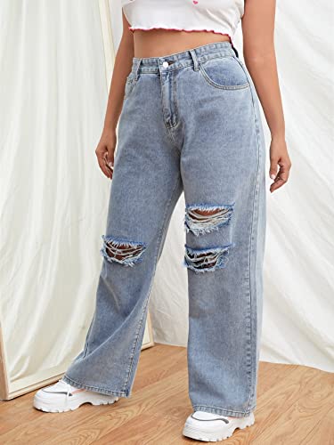 WDIRARA Women's Plus Size High Waist Ripped Wide Leg Jeans Baggy Denim Pants3
