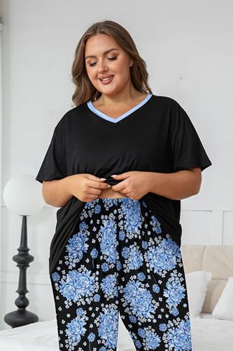 Image of Vozanet Women's Pajama Sets Short Sleeve with Long Pant Soft Sleepwear Printed pj Loungewear With TWO Pockets Size 1X to 5X