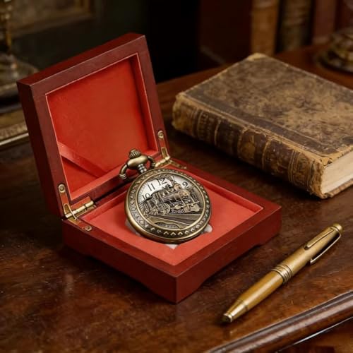 Image of Udaney Locomotive Pocket Watch with Wooden Gift Box for Men | Locomotive Engraved Design | Vintage Pocket Watch | Wooden Gift Box Included | Collectible Keepsake | Ready to Gift