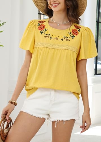 Womens Summer Cotton Floral Embroidered Tops Crewneck Short Sleeve Shirts Casual Blouses Boho Clothing Trendy 20254