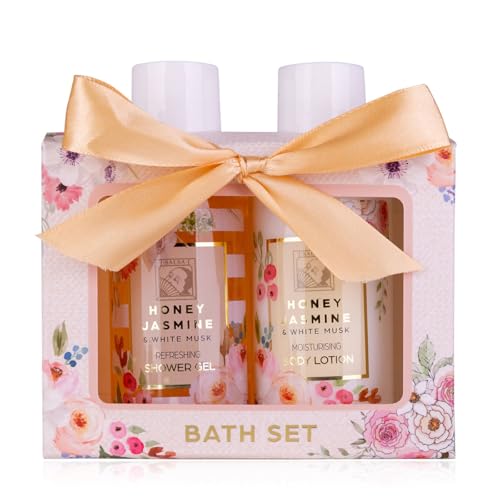 Accentra - Set de ducha para mujer HONEY JASMINE en un bonito estuche - Set de cuidado de 2 piezas con gel de ducha y loción corporal - Regalo de bienestar para San Valentín o el Día de la Madre