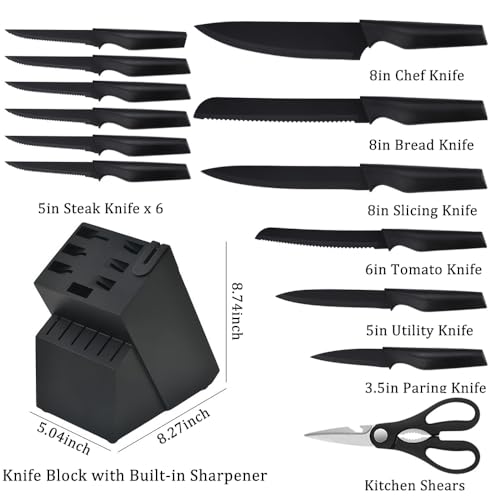 Knife Set, 14Pcs Kitchen Knife Set with Block Self Sharpening, High Carbon Stainless Steel Ultra Sharp Knives for Kitchen, 6 Steak Knives, Anti-slip Handle, Black, Elegant Gifts (Black) - image 2