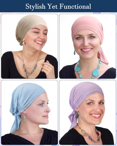 Image of Halfchet 4 Pcs Chemo Headwear for Women Pre Tied Cancer Caps Head Scarf Turbans for Women Patients Gifts