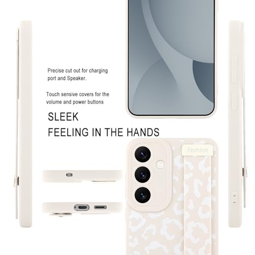 Image of Compatible with Samsung Galaxy S25 Case with Strap Wrist White | Cheetah Print Shockproof Soft TPU Protective Cover for Women Girls, Slim Anti Scratch Case 6.2 Inch, White