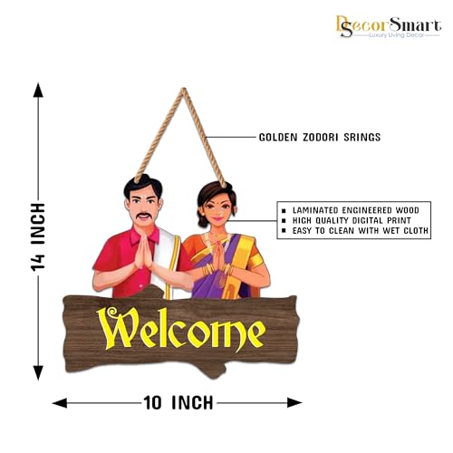 Image of Decor Smart Wooden Wall Hanging | Traditional Welcome Plaque | Home Decor Accent | Decorative Wall Art with Indian Couple Design | Decoration for Living Room | Bedroom & Hall | Restaurant (DWA 8701)