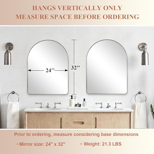 Image of ANDY STAR Arched Mirror, 24 x 32 Inch Brushed Nickel Wall Mirror in Stainless Steel Metal Frame, Arch Top Rounded Corner 1 Inch Deep Set Design Wall Mount Hangs Vertical