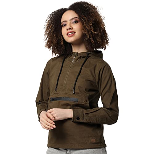 Image of Campus Sutra Women's Olive Green Solid Utility Jacket With Cuffed Sleeves For Casual Wear | Hooded Neck | Long Sleeve | Zipper Closure | Cotton Jacket Crafted With Comfort Fit For Everyday Wear
