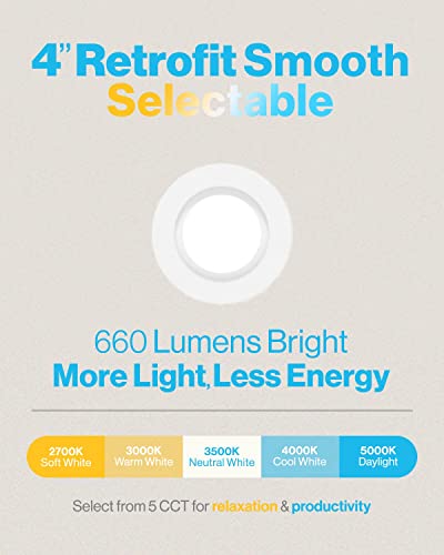 Sunco 6 Pack Led Recessed Lighting 4 Inch, Selectable 2700K/3000K/3500K/4000K/5000K, Dimmable Can Lights, Baffle Trim, 11W=90W, 660 Lm, Damp Rated, Retrofit Installation - Energy Star #TOP1