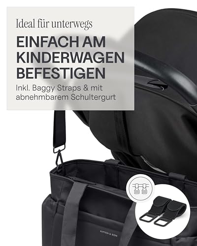 Kapten & Son Shopper Hellvi Diaper Set All BLack 25 L | Shopper Wickeltasche mit Kinderwagen- und Kofferbefestigung | inklusive Kulturtasche, Wickelunterlage & isolierter Flaschenhalter