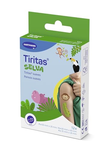 TIRITAS® Selva, Apósitos Suaves con Formas de Animales, Hipopótamo, Mono y Cocodrilo, 12 Unidades