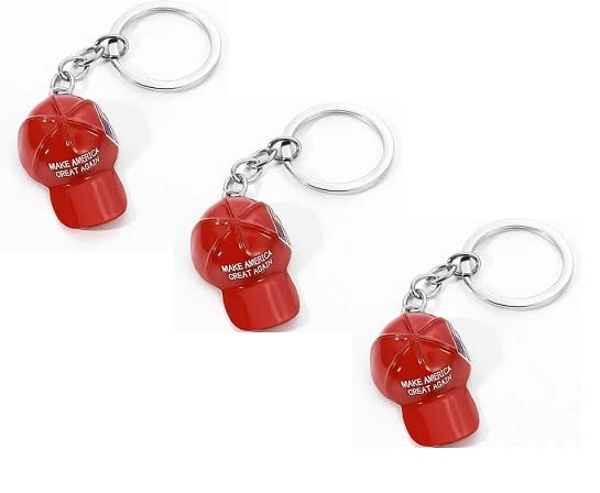 Set of 3 Red MAGA Hat Metal Keychains with USA Flag Key Ring Patriotic Keychain for Men & Women