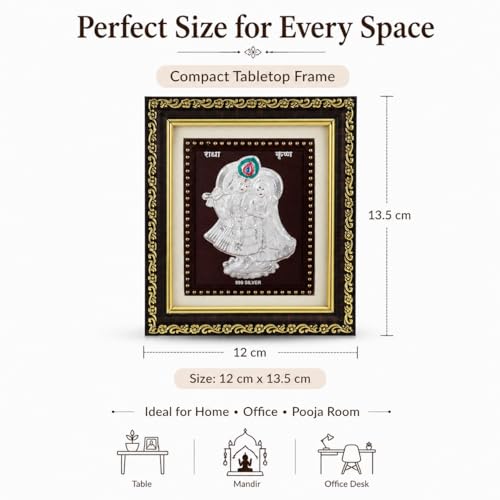 Image of Hem Jewels 999 Pure Silver Radhe Krishna Photo Frame for Home & Office | God Frame for Pooja Room & Wall Decor | Premium Pure Silver Gifting Item for Wedding, Housewarming, Office, Wedding & Festival Gifts | Square Tabletop | W=12cm & H=13.5 cm | Certificate Included