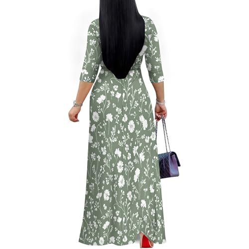 Image of Plus Size Dresses for Women Floral Print Maxi Dress Flowy 3 /4 Sleeve with Belt
