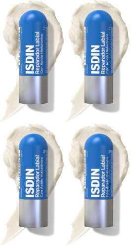 ISDIN Reparador Labial Stick, Reparador Labial en barra con ácido hialurónico que protege y repara los labios, 4g (Paquete de 4)