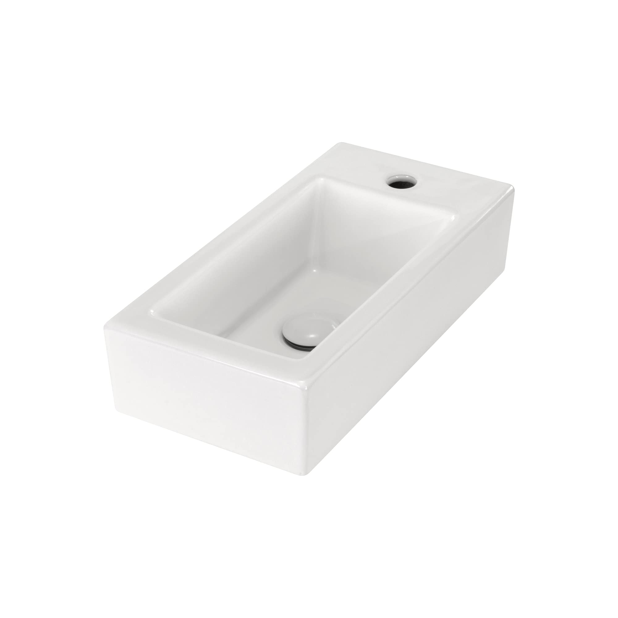 Lavabo sobre Encimera Rectangular en Ceramica Brillante VOMANO | 25x50x24 cm | Incluye Tapon "Pop Up" con Valvula de Desague Click Clack | Sin Taladro Grifo | Color Blanco