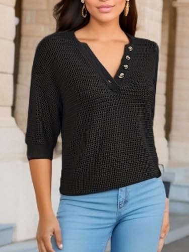 Women's Hollow Out Half Sleeve Shirt Summer V Neck Knit Sweater Casual Loose Fit Pullover Top2