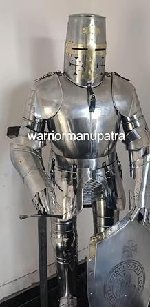 Medieval Templar Knight Full Steel Suit of Armor, Wearable Costume with Shield and Sword, 18-Gauge Nickel Finish