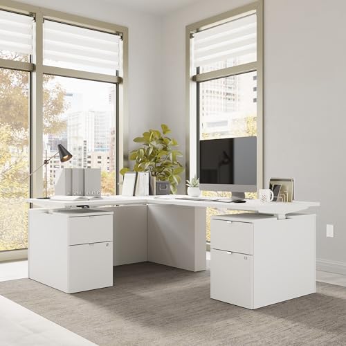 Image of Bush Business Furniture 60-inch Height Adjustable L Shaped Standing Desk with Drawers, Ergonomic Sit-Stand Computer Table for Office, Stratus Collection, White with White Base