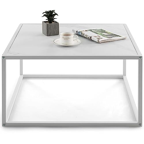 LIFEZEAL Mesa de Salón, Mesa Baja Cuadrada, Mesa de Centro, Patas de Acero, con Efecto Mármol, MAX 45kg, para Salón, Fácil Montaje, Estable, Robusta, 70x70x40 cm (Blanco)